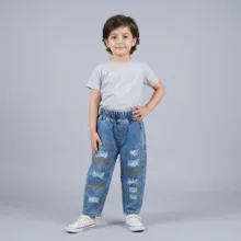 شلوار جین مام استایل بچگانه مدل سنگ دوزی شده طرح رعد و برق
