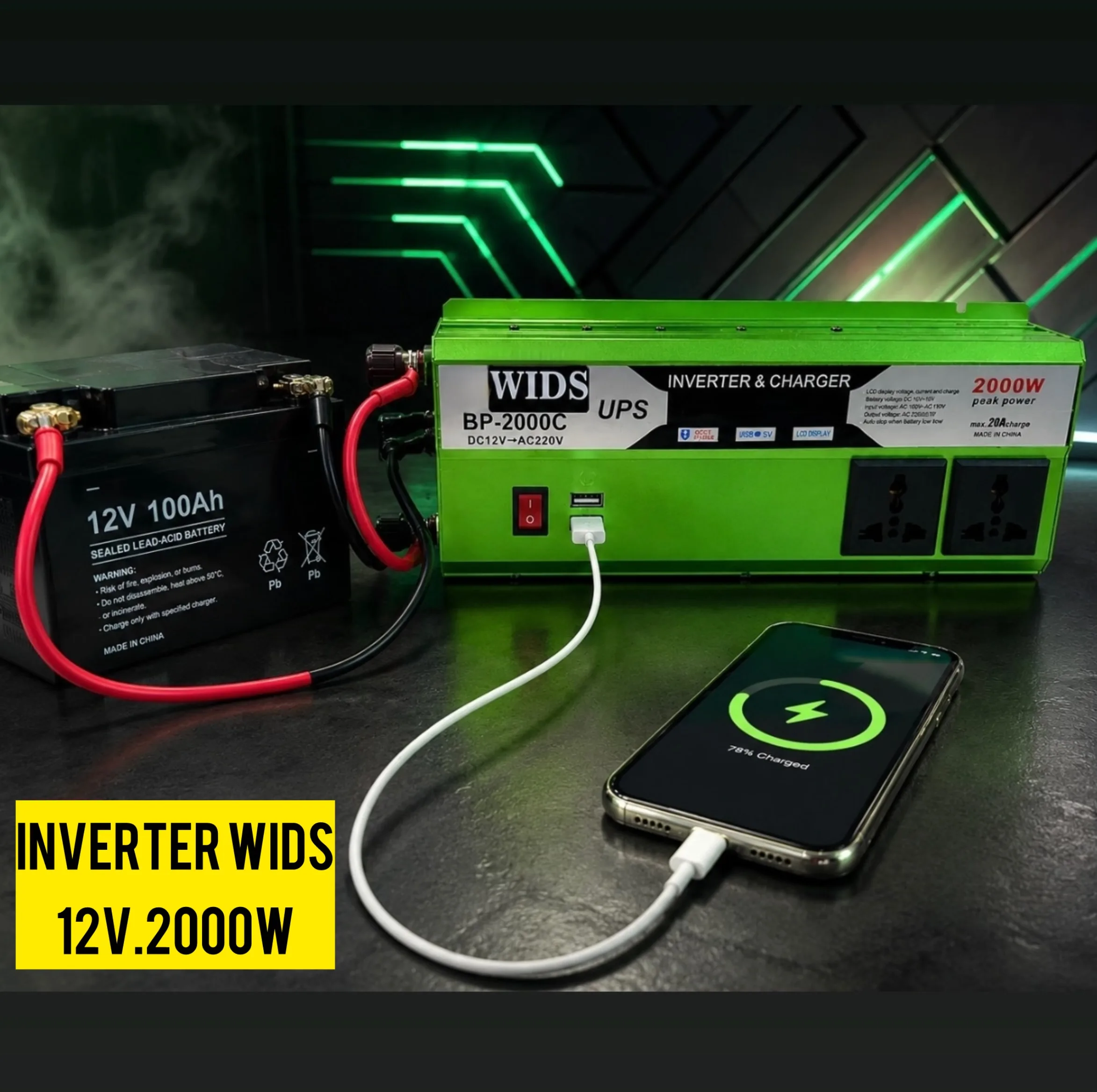 مبدل برق خودرو ویدز مدل شارژر دار 20 آمپر کد 12V-TO-220V-2000W