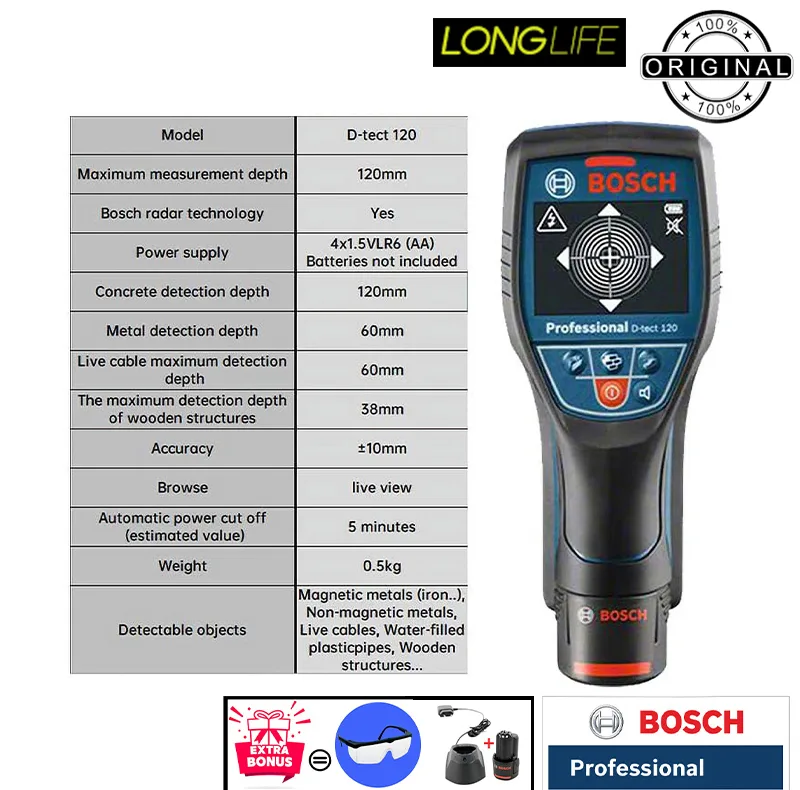 ردیاب دیجیتالی بوش مدل فوق تخصصی D-Tect 120 Advanced Radar + Battery 12 V Li