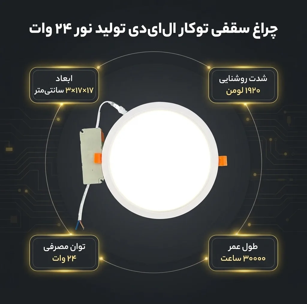 لامپ الایدی 24 وات تولید نور مدل چراغ سقفی توکار پایه سیمی
