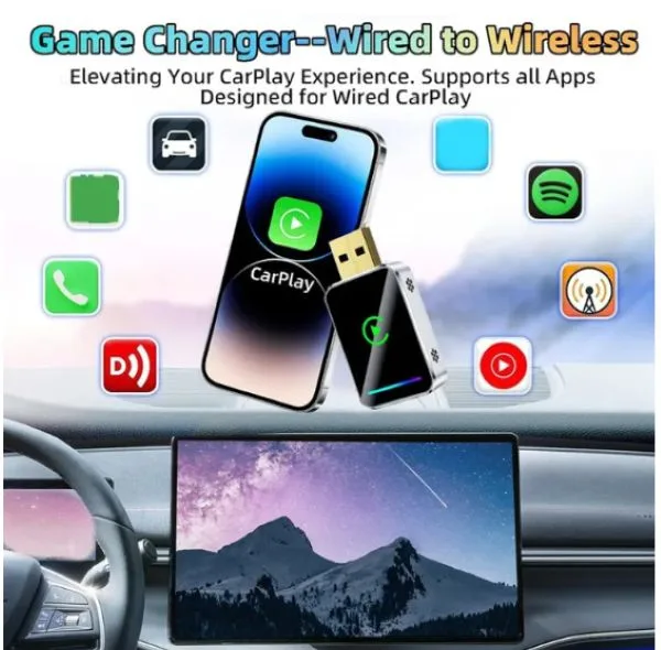 کارپلی و اندروید اتو مدل Wireless CarPlay/Android Auto Q1JS به همراه مبدل USB به USB-C