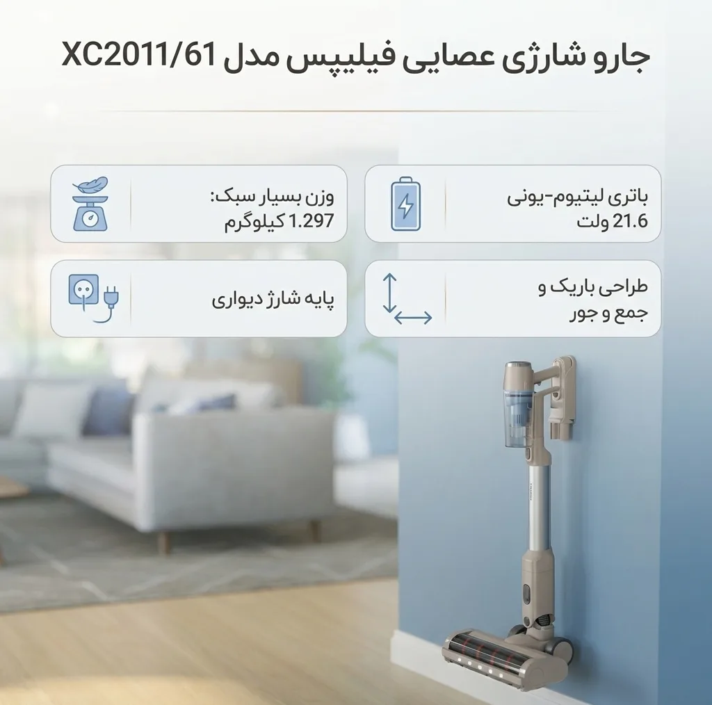 جارو شارژی عصایی فیلیپس مدل XC2011/61 با باتری لیتیوم‌یونی 21.6 ولت و پایه شارژ دیواری