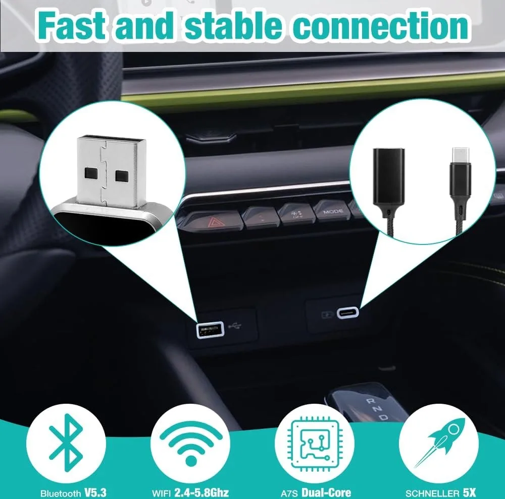 کارپلی و اندروید اتو مدل Wireless P7794 Carplay/Android Auto به همراه مبدل USB به USB-C