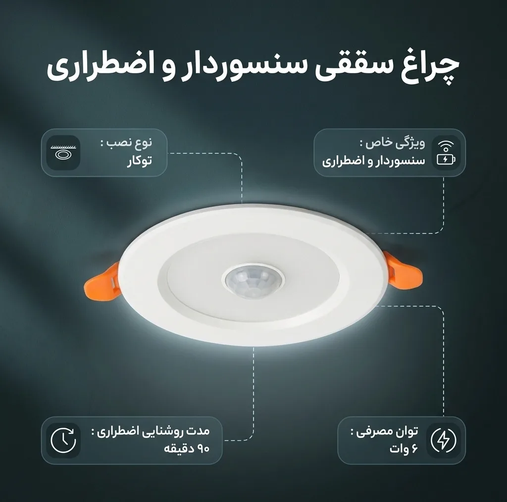چراغ سنسوردار سقفی مدل اضطراری طرح توکار