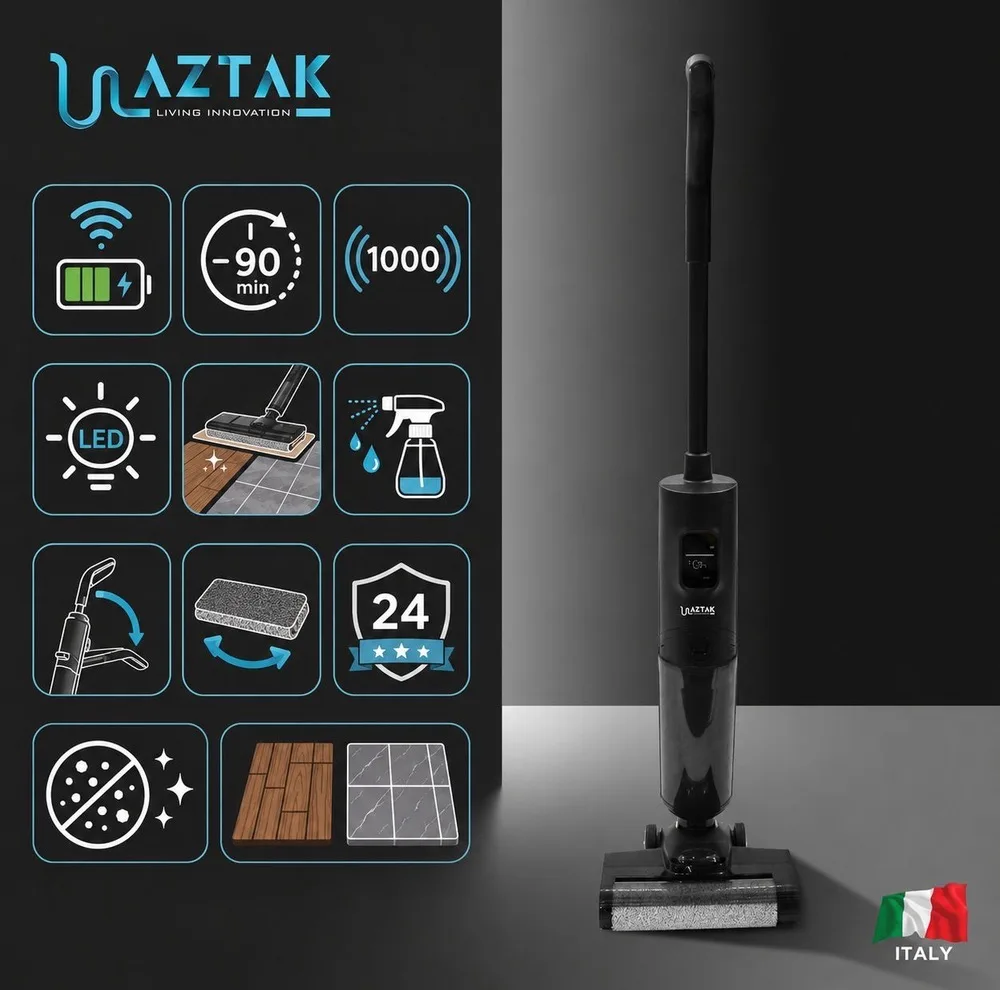 جارو شارژی عصایی و زمینشوی آزتک مدل AZ-8116، با قابلیت جاروکشی، شستوشو و تیکشی همزمان، خودکششی و خودتمیزشونده، دارای 2 مخزن مجزای 485 میلیلیتری