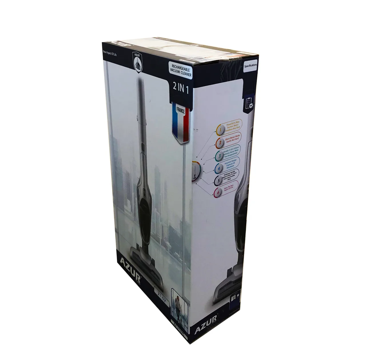 جارو شارژی عصایی آزور مدل AZ-315VCR با باتری لیتیومیونی، قدرت مکش 21.6 ولت و 110 وات، ظرفیت مخزن 0.4 لیتر، قابلیت استفاده دستی و ایستاده، تنظیم مکش در 2 وضعیت و طراحی چرخشی تا 90 درجه برای نظافت زیر مبل و فضاهای کوچک