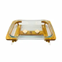 سوفله‌خوری بتونی پیرکس مستطیل مدل سلنا 37، ابعاد 37×22×8 سانتی‌متر، ضدحرارت و ضدخش، مناسب فر و مایکروویو با پایه چوبی