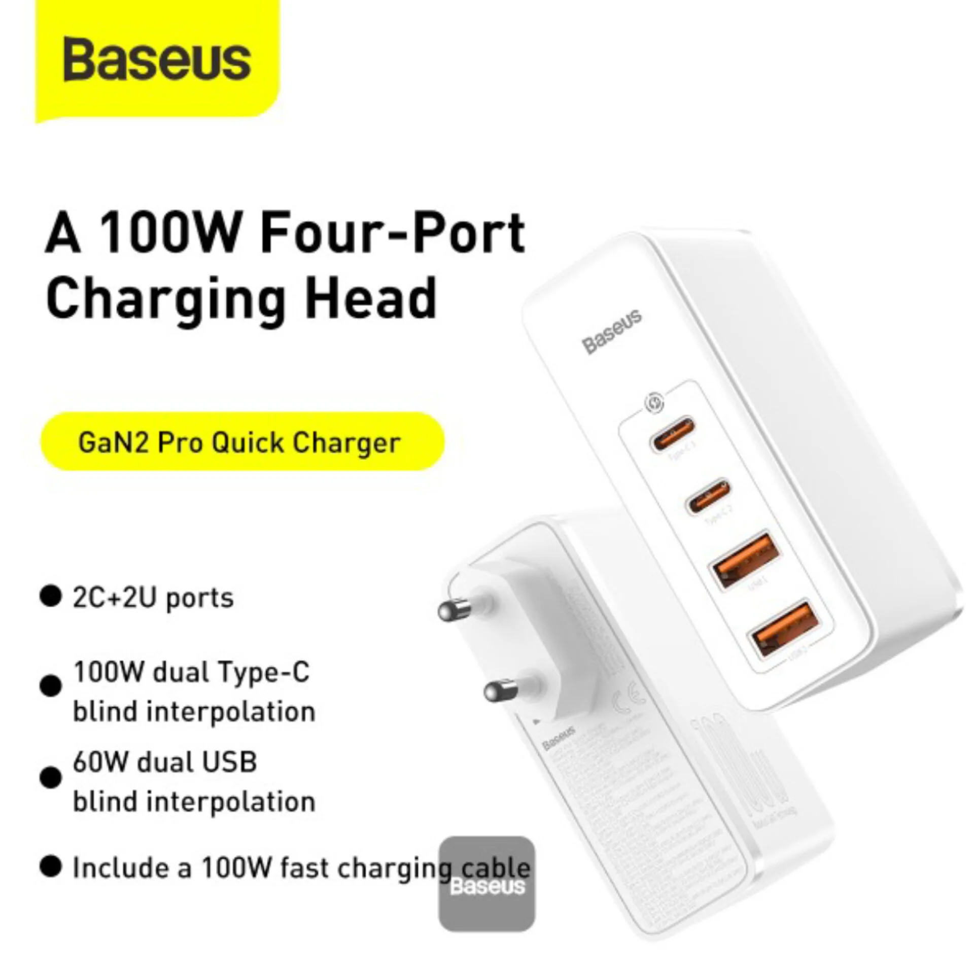 شارژر دیواری 100 وات 4 پورت بیسوس مدل GaN2 Pro به همراه کابل USB-C