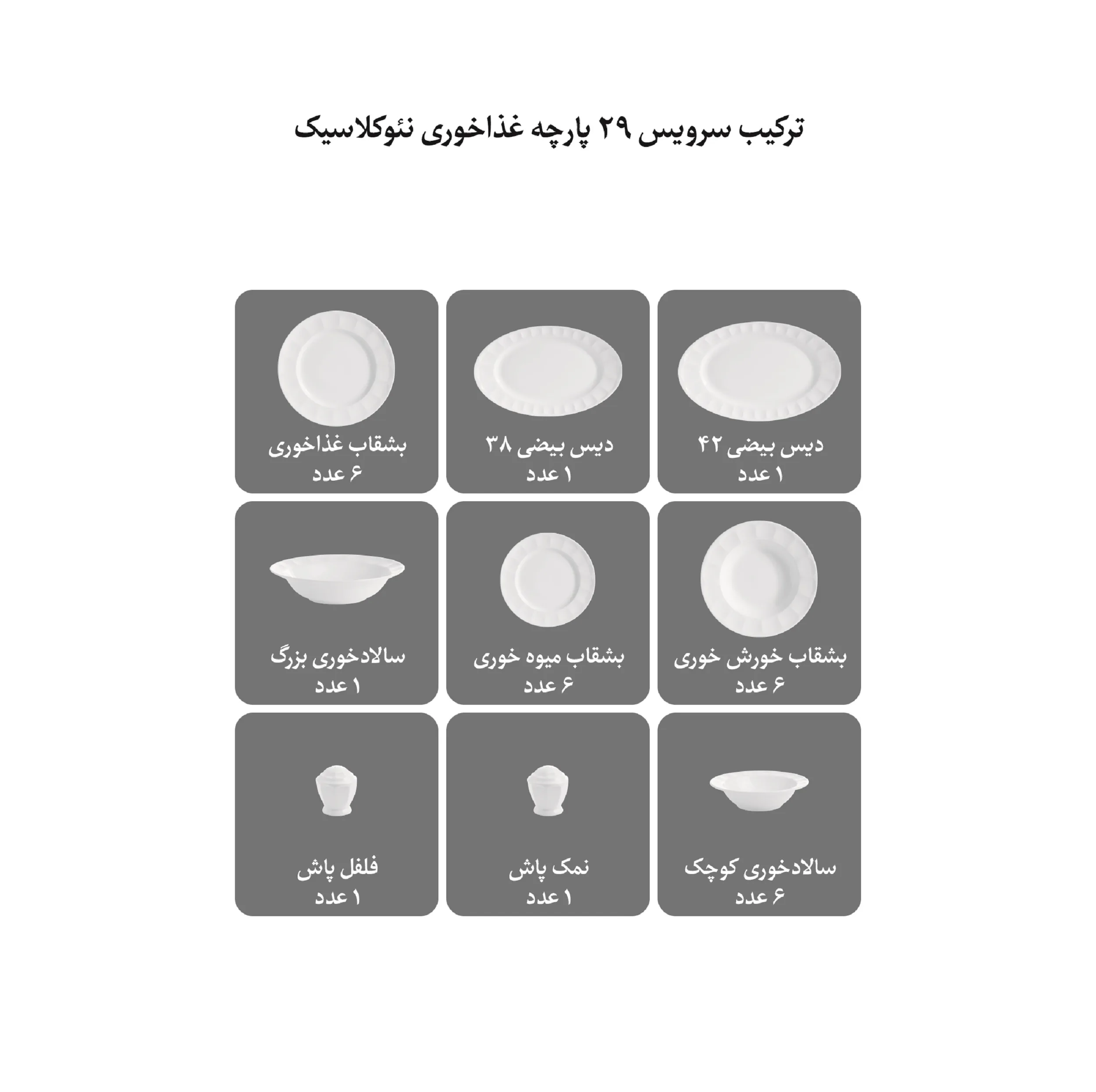 سرویس غذاخوری 29 پارچه چینی زرین ایران سری نئوکلاسیک مدل آسمان درجه عالی