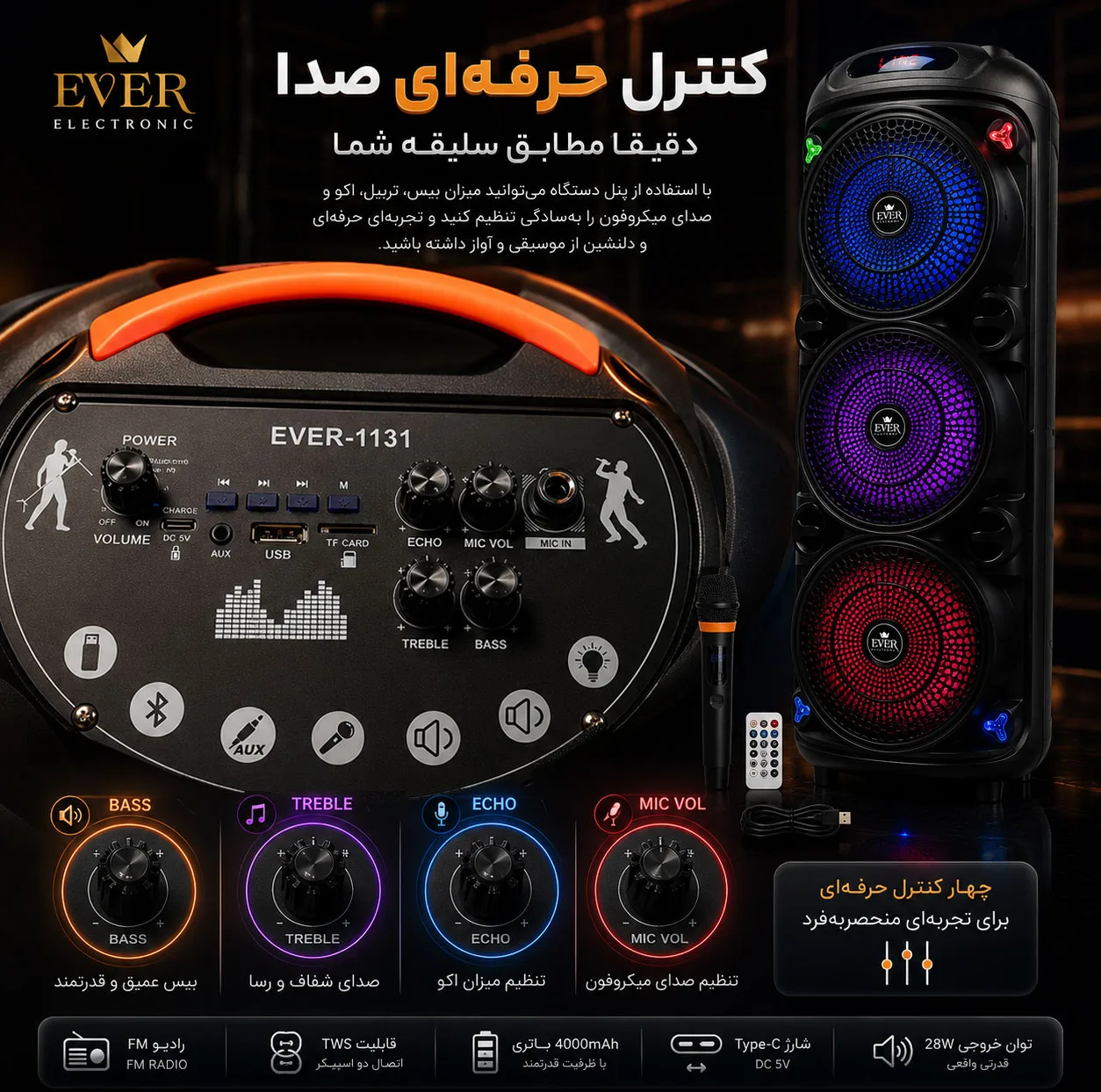 اسپیکر بلوتوثی قابل حمل اور الکتریک مدل EVER-1131