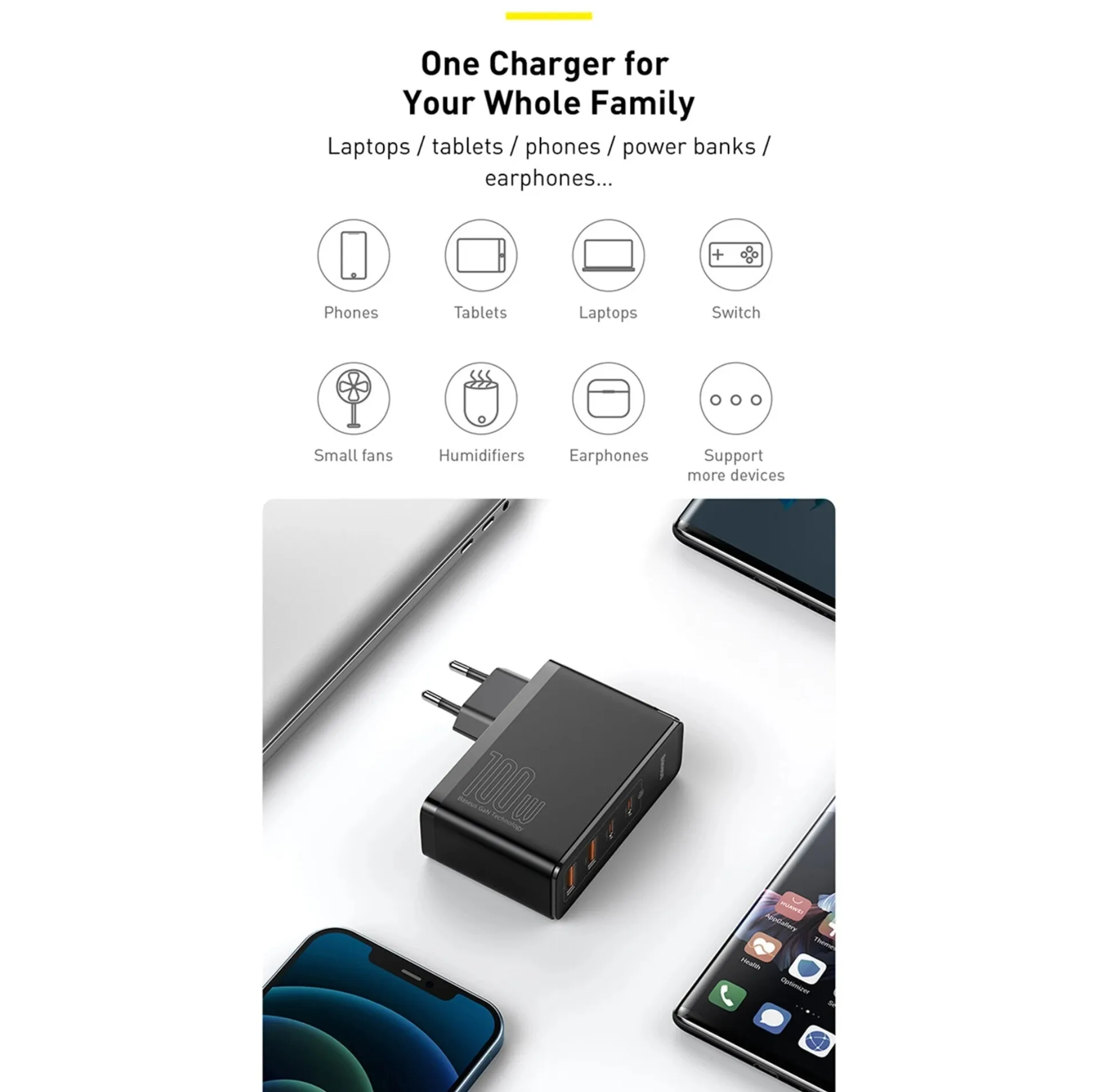 شارژر دیواری 100 وات 4 پورت بیسوس مدل GaN2 Pro به همراه کابل USB-C