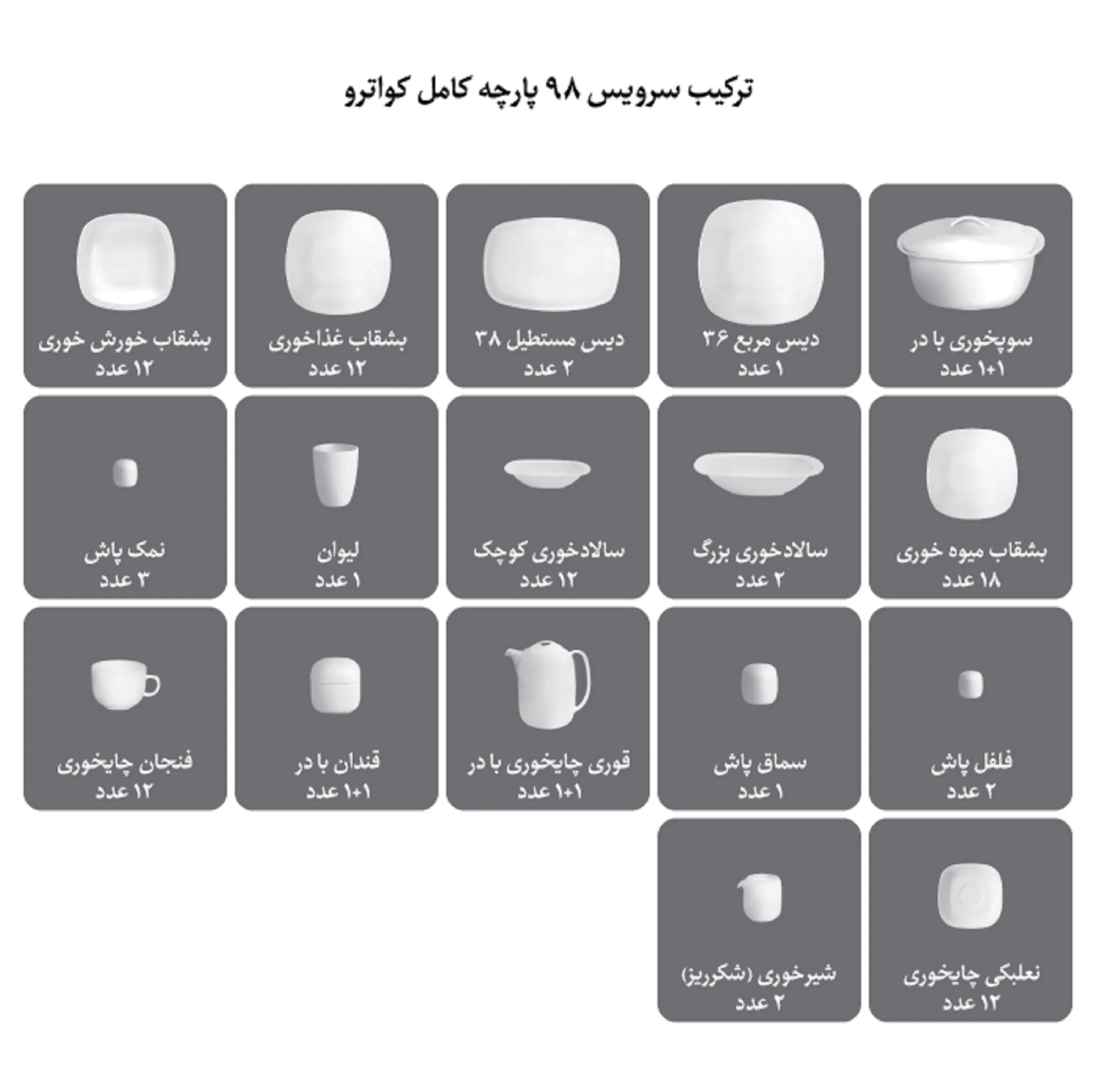 سرویس غذاخوری 98 پارچه چینی زرین ایرانطرح کواترو درجه عالی