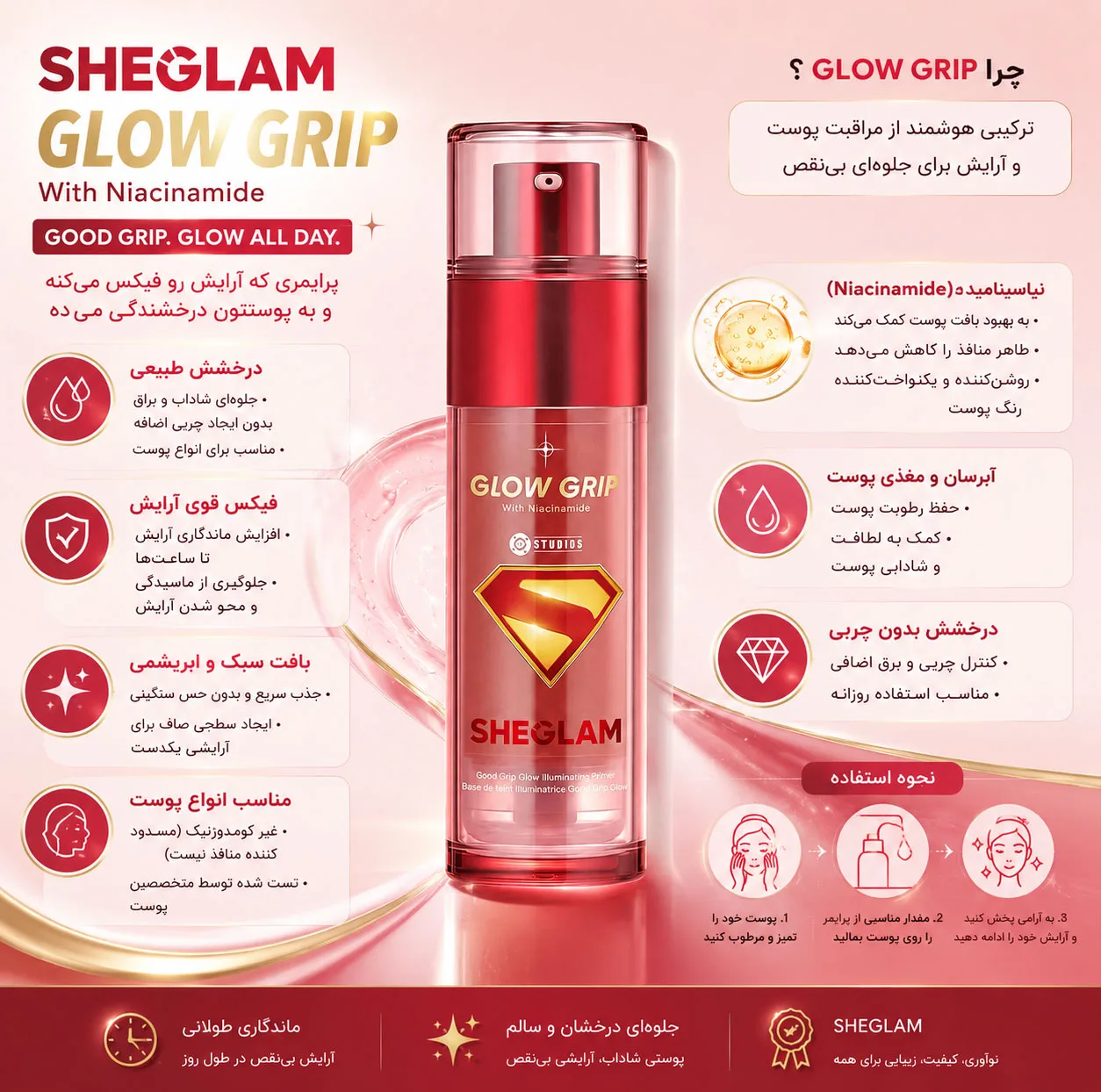 پرایمر صورت شیگلم مدل Good Grip Glow مناسب انواع پوست حجم 30 میلیلیتر