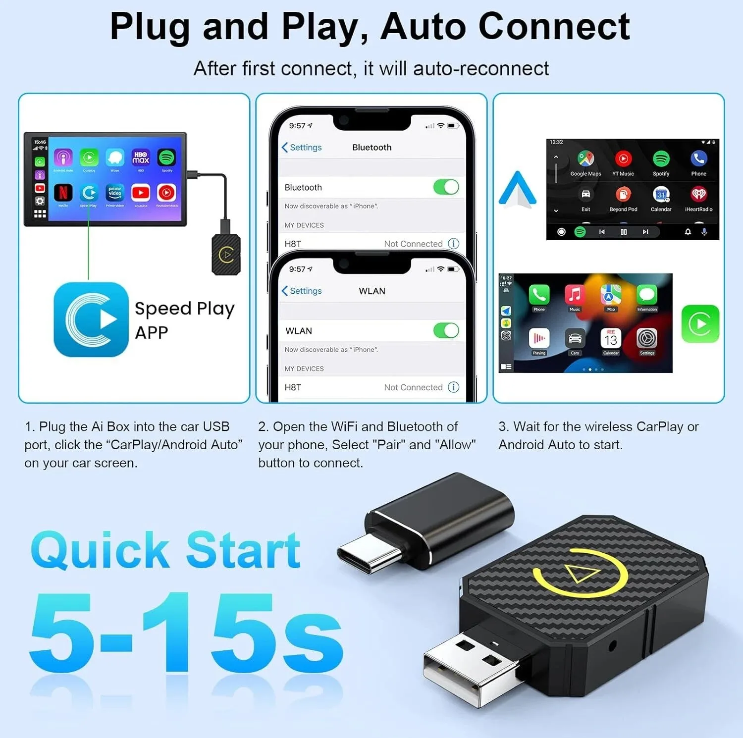 کارپلی و اندروید اتو مدل Wireless CarPlay/Android Auto Q1M به همراه مبدل USB به USB-C