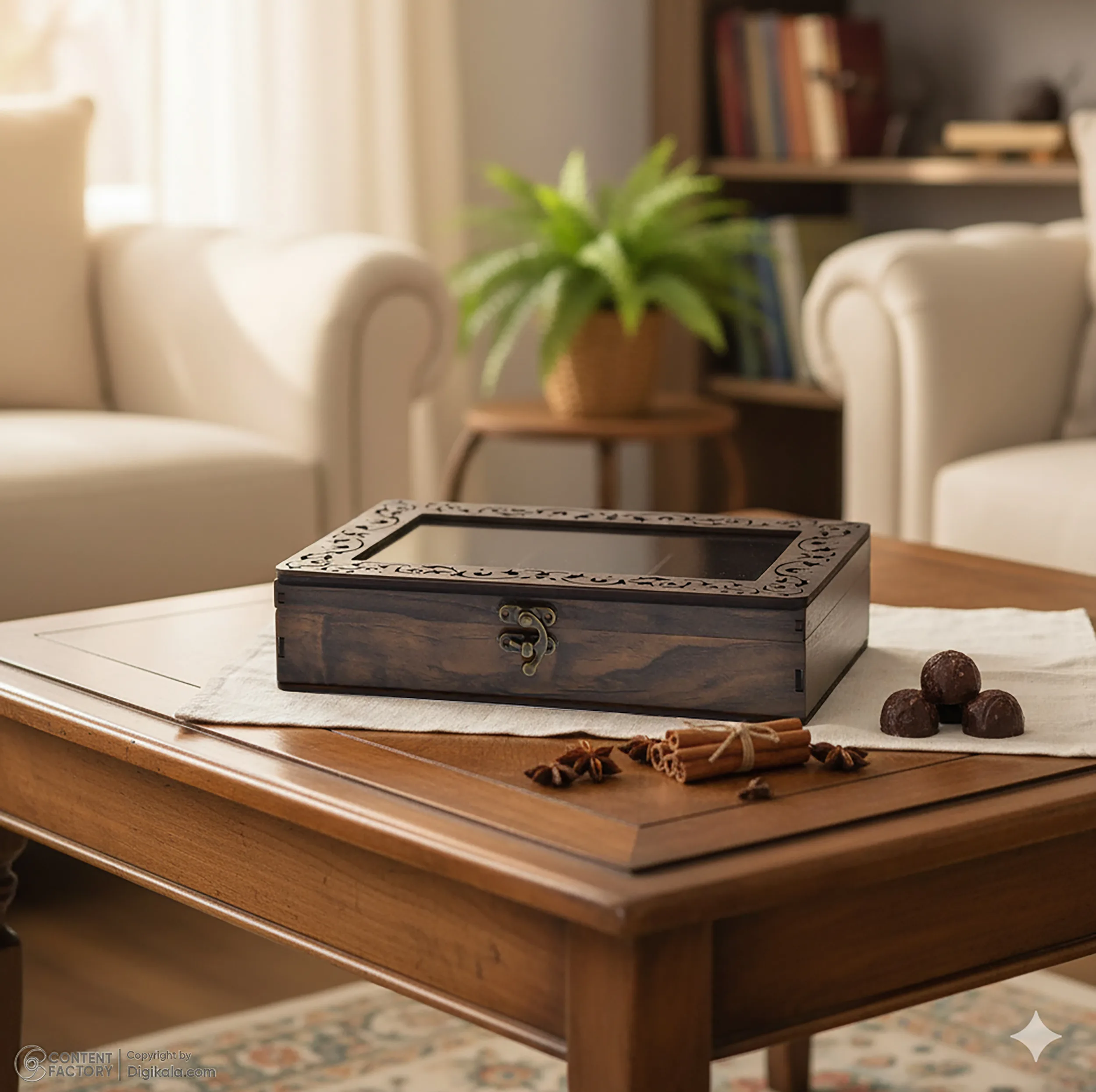 جعبه پذیرایی شکلاتخوری مستطیل مدل نگاران کد 02 با جنس MDF و پلاستیک و درب شفاف، ابعاد 24.5x15.5x6 سانتیمتر، غیرقابل شستوشو