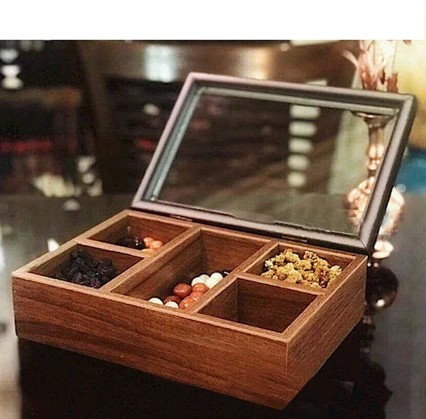 جعبه پذیرایی چوبی جای تی بگ و دمنوش مدل MD1299 با 5 محفظه جداگانه و درب محافظ برای جلوگیری از گرد و غبار