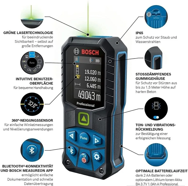 متر لیزری بوش مدل لیزر سبز فوق حرفه ای GLM 50-27 CG professional + BT150 + Green Glass Laser برد 50 متر