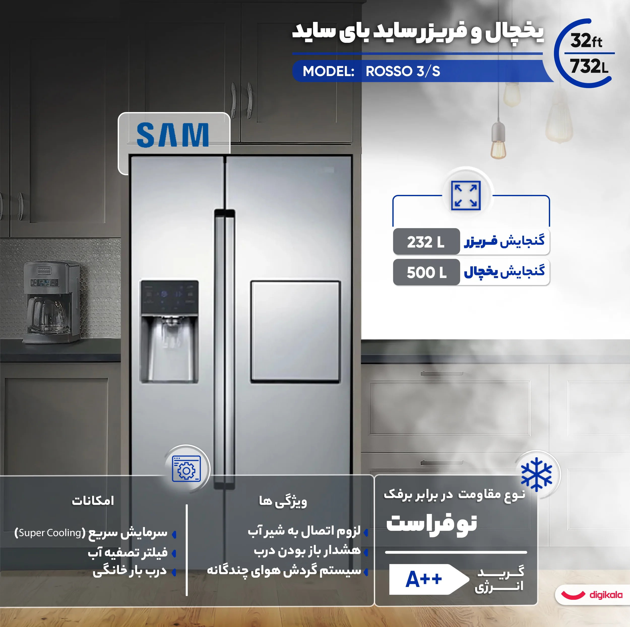 یخچال فریزر ساید بای ساید 32 فوت سام مدل ROSSO 3/S