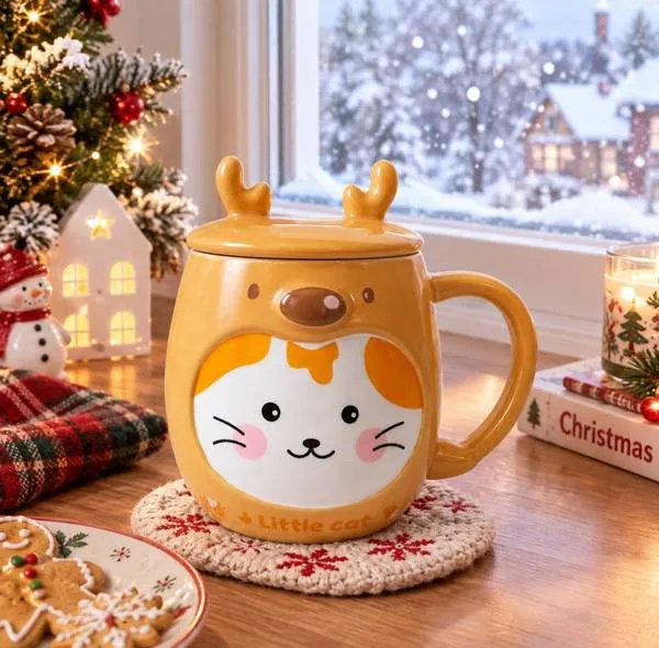 ماگ سرامیکی درب دار مدل گربه ای