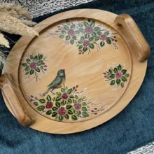 سینی دسته دار مدل نقاشی مدل گل و مرغ سایز 27*21 سانتی متر
