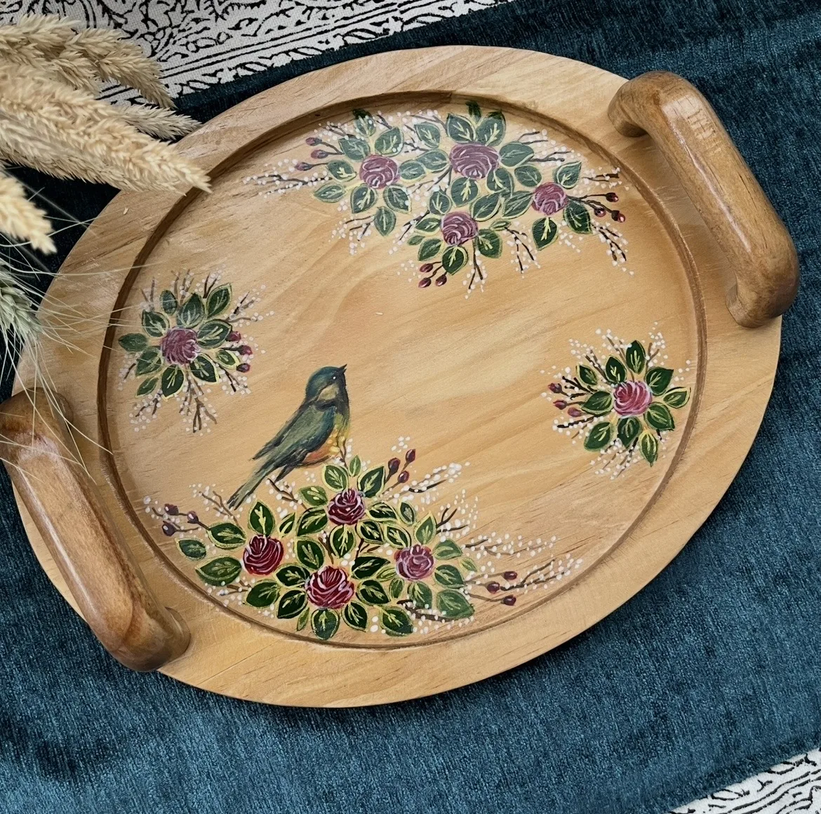 سینی دسته دار مدل نقاشی مدل گل و مرغ سایز 27*21 سانتی متر