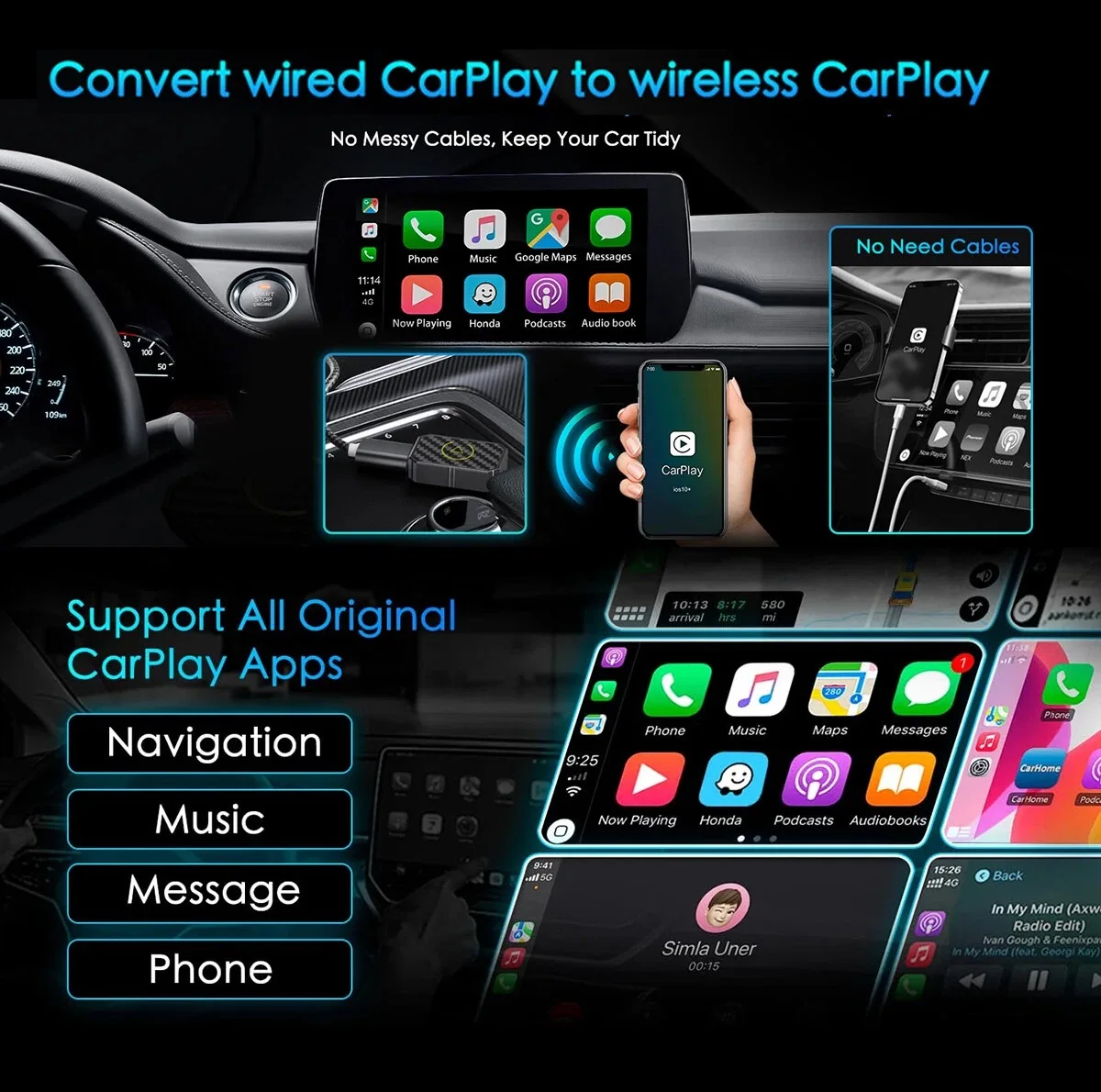 کارپلی و اندروید اتو مدل Wireless CarPlay/Android Auto Q1M به همراه مبدل USB به USB-C