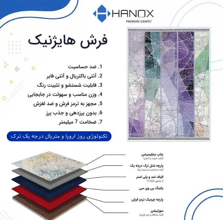 فرش ماشینی 1000 شانه هانوکس زمینه بنفش حاشیه چند رنگ مدل مینیمال کد HANM.0023.1