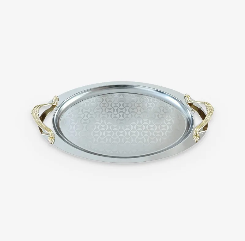 سینی استیل دسته‌دار مدل اوریو بیضی طرح‌دار کد B220 سایز 30*45 سانتی متر