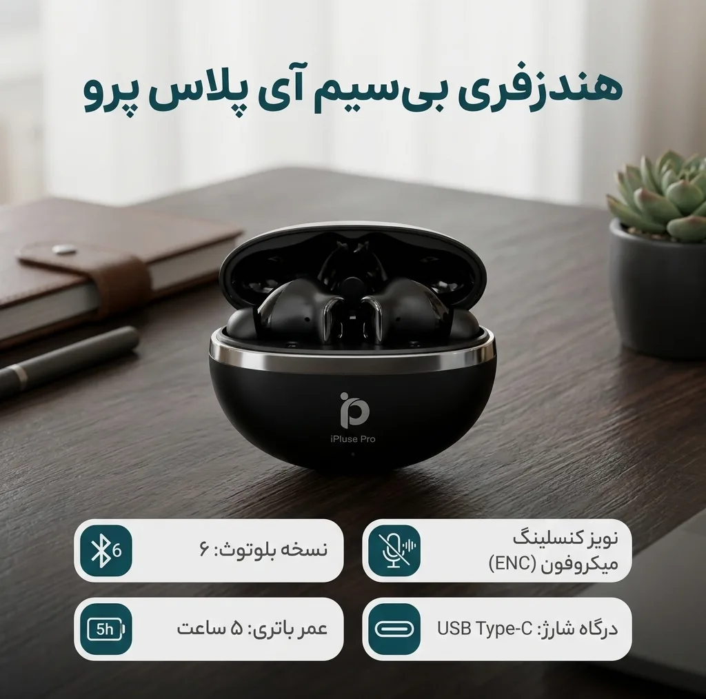هدفون بلوتوثی آی پلاس پرو مدل iP-R51 با نویز کنسلینگ میکروفون ENC، نسخه بلوتوث 6، درگاه شارژ USB Type-C و نشانگر LED