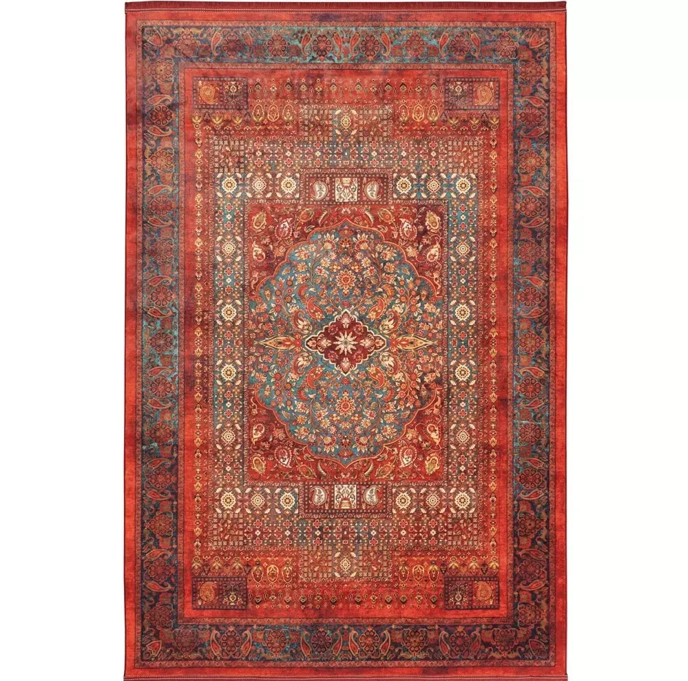 فرش ماشینی 1200 شانه زمینه قرمز لاکی حاشیه سبز طرح هلنا کد25NH0010