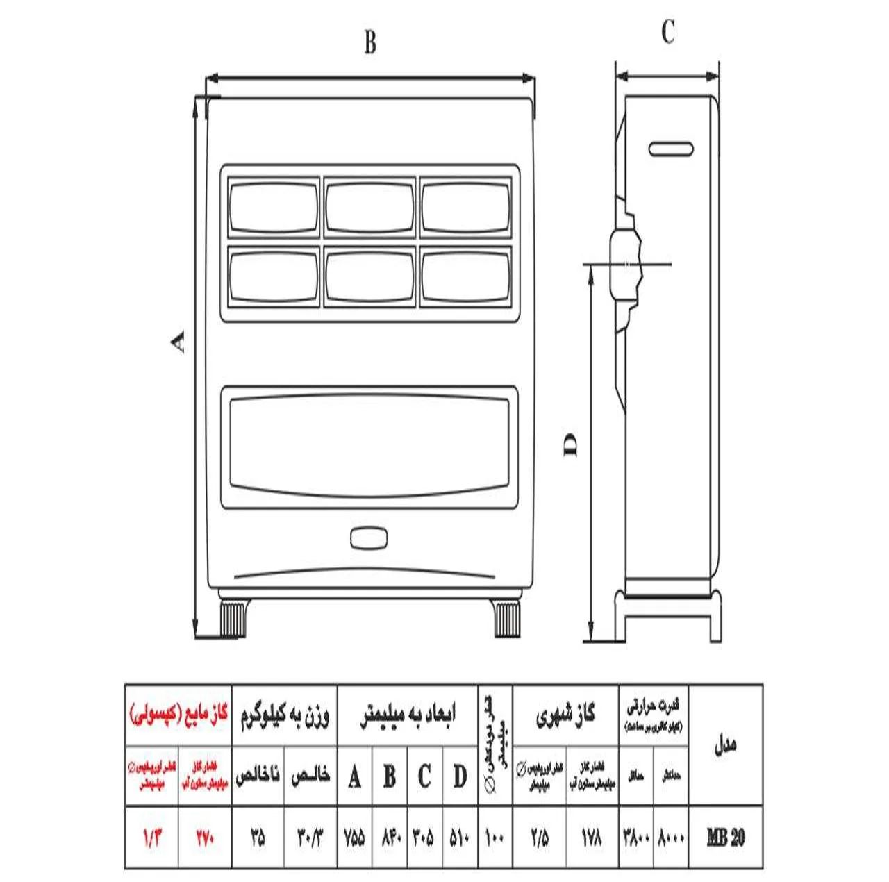 بخاری گازی نیک کالا مدل مدل مهتاب MB-20