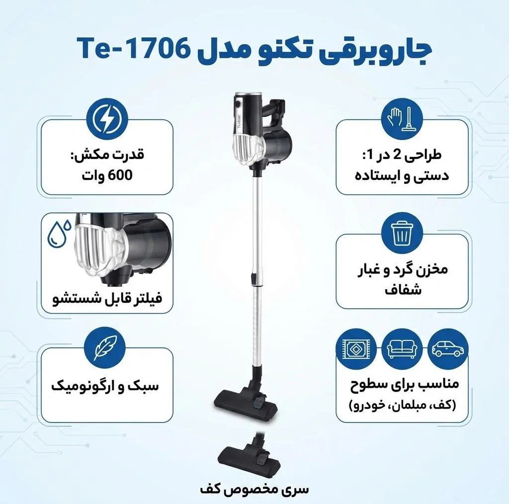 جاروبرقی 600 وات تکنو مدل Te-1706