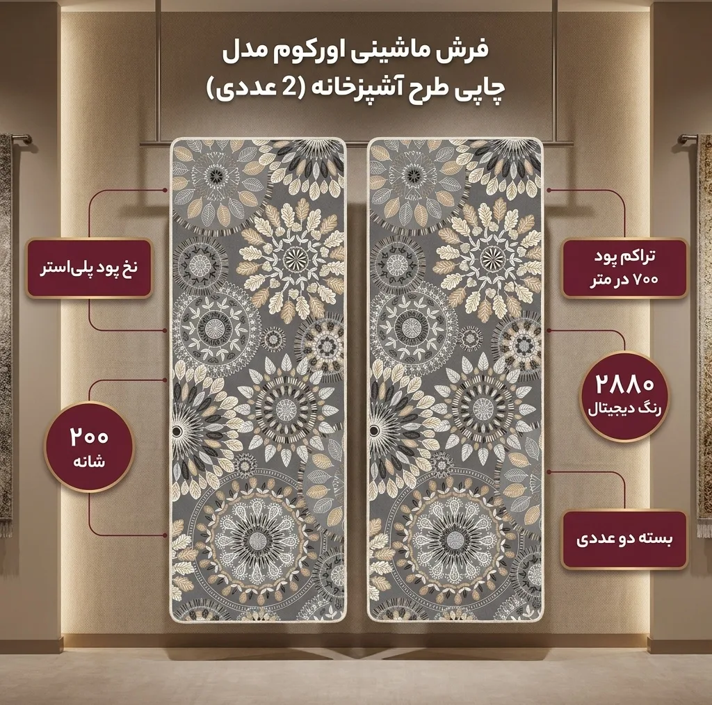 فرش ماشینی 200 شانه زمینه طوسی حاشیه قهوه ای مدل چاپی طرح آشپزخانه اورکوم کد kitchen.5007.01 بسته دو عددی