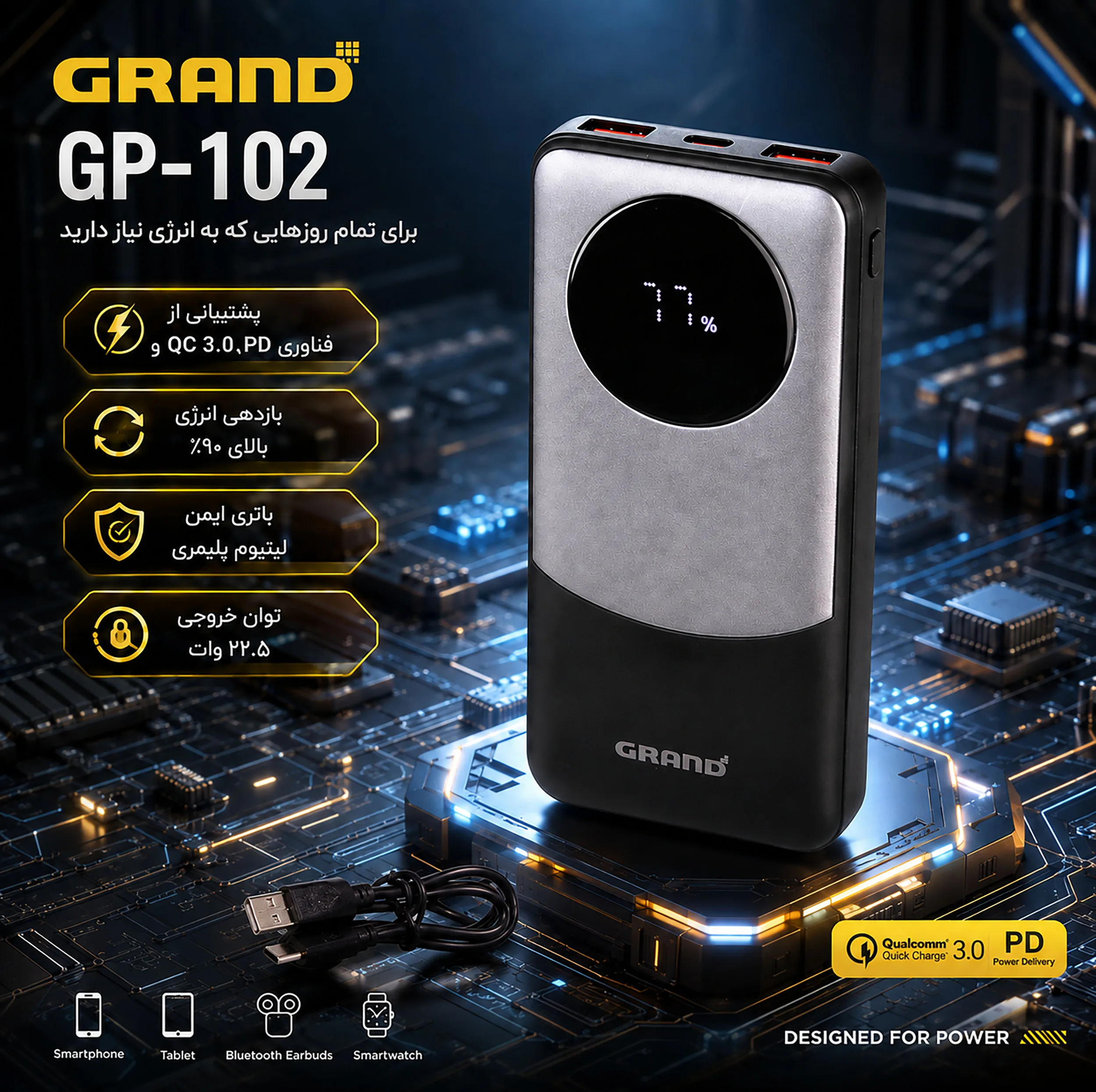 پاوربانک 22.5 وات گرند اسکای مدل GP - 102 ظرفیت 10000 میلیآمپرساعت به همراه کابل USB-C به USB-C