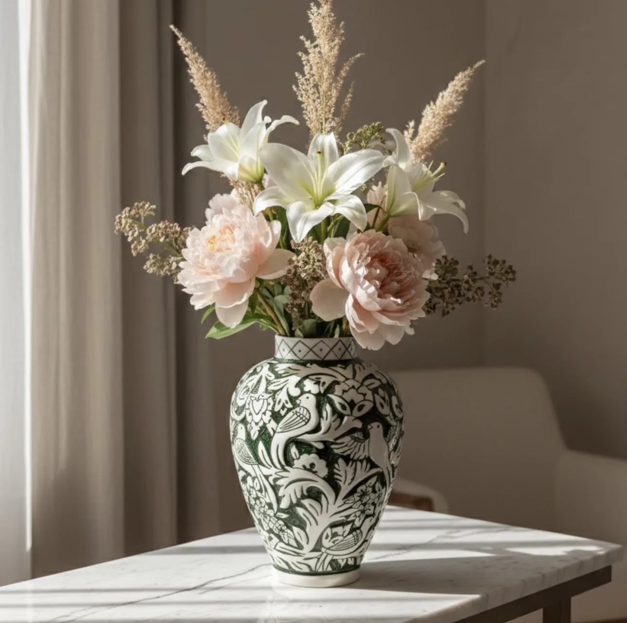 گلدان سرامیکی حکاکی طرح گل ومرغ