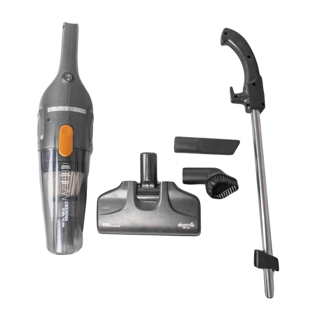 جارو شارژی عصایی درما مدل DX115C با قدرت موتور 600 وات، ظرفیت مخزن 1.2 لیتری، سیستم فیلتراسیون سیکلون و هپا، وزن 1.5 کیلوگرم و طول سیم 5 متر، مناسب برای تمیزکردن سطوح سرامیک، پارکت و سنگ