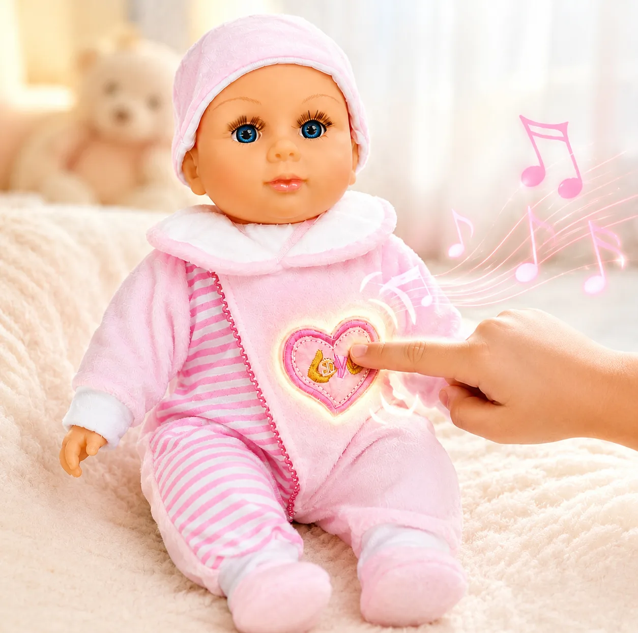 عروسک مدل موزیکال کد E021 نوزاد ارتفاع 33 سانتی متر