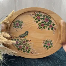 سینی دسته دار مدل نقاشی مدل گل و مرغ سایز 27*21 سانتی متر