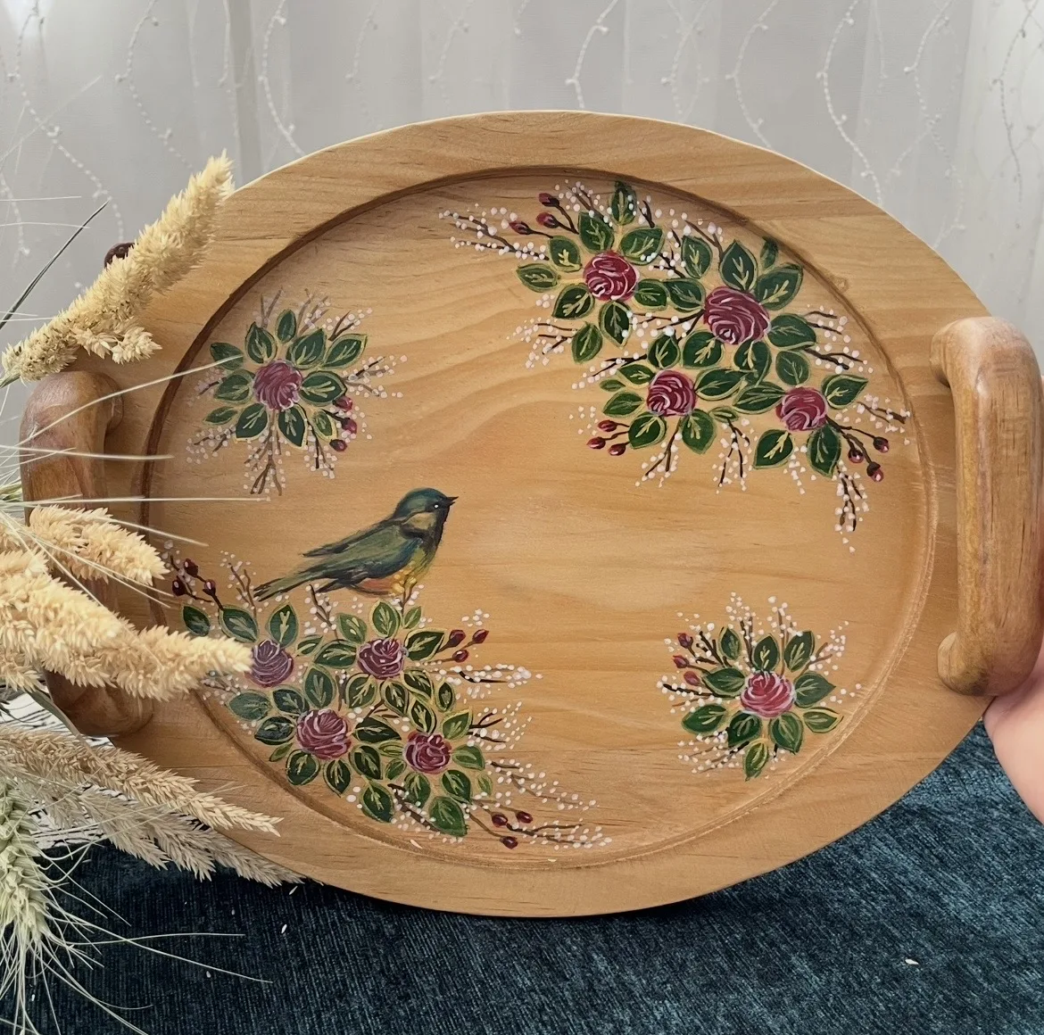 سینی دسته دار مدل نقاشی مدل گل و مرغ سایز 27*21 سانتی متر