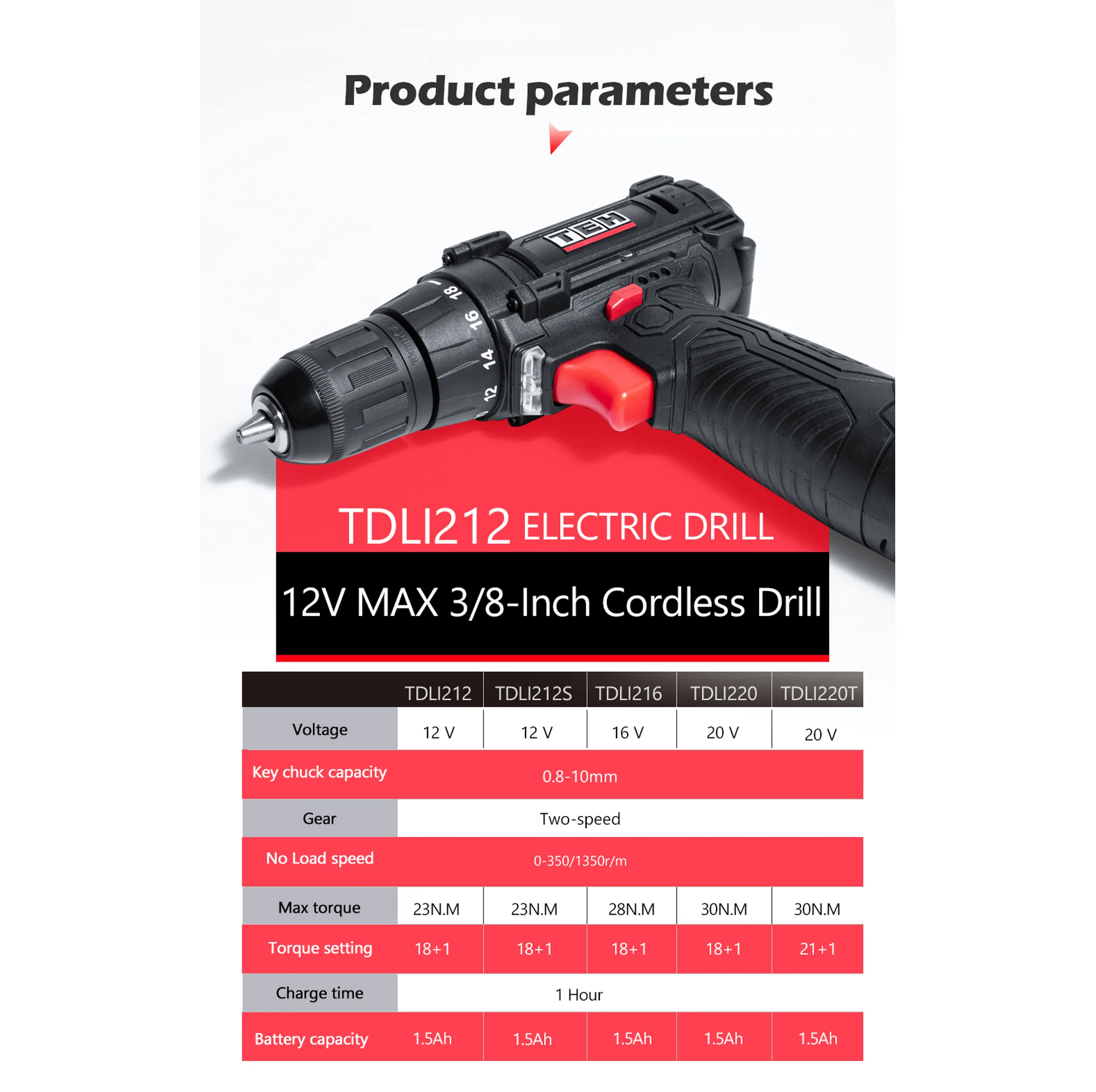 دریل پیچ گوشتی شارژی تی ای اچ مدل TDLI212