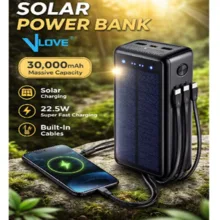 پاوربانک خورشیدی بی سیم 22.5وات وی لاو مدل V28 ظرفیت 30000میلی آمپر ساعت به هراه سه عدد کابل usb-c / لایتنینگ /MicroUSB