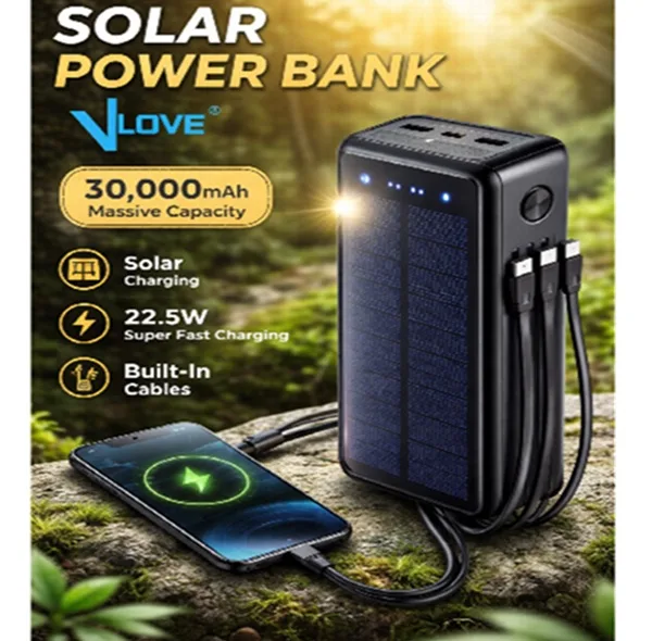 پاوربانک خورشیدی بی سیم 22.5وات وی لاو مدل V28 ظرفیت 30000میلی آمپر ساعت به هراه سه عدد کابل usb-c / لایتنینگ /MicroUSB