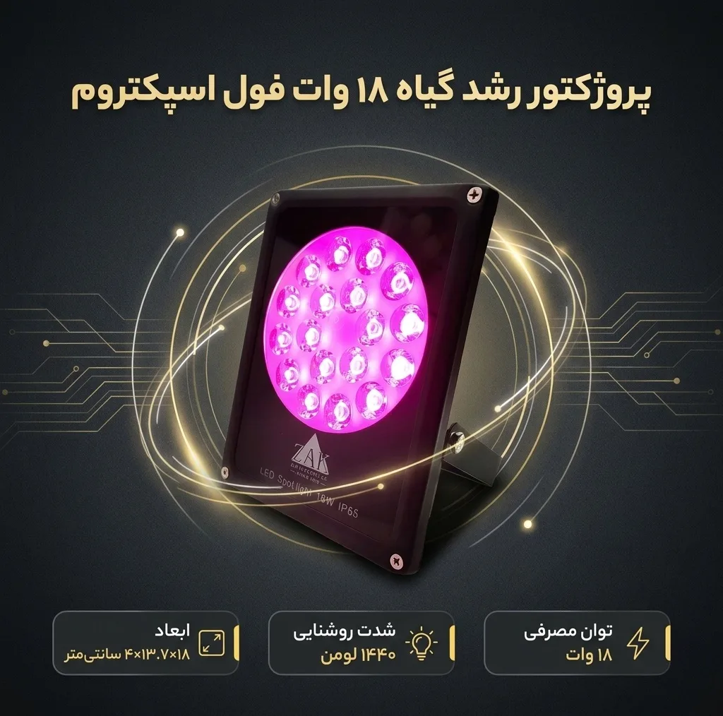 پروژکتور رشد گیاه 18 وات مدل فول اسپکتروم طرح IP65