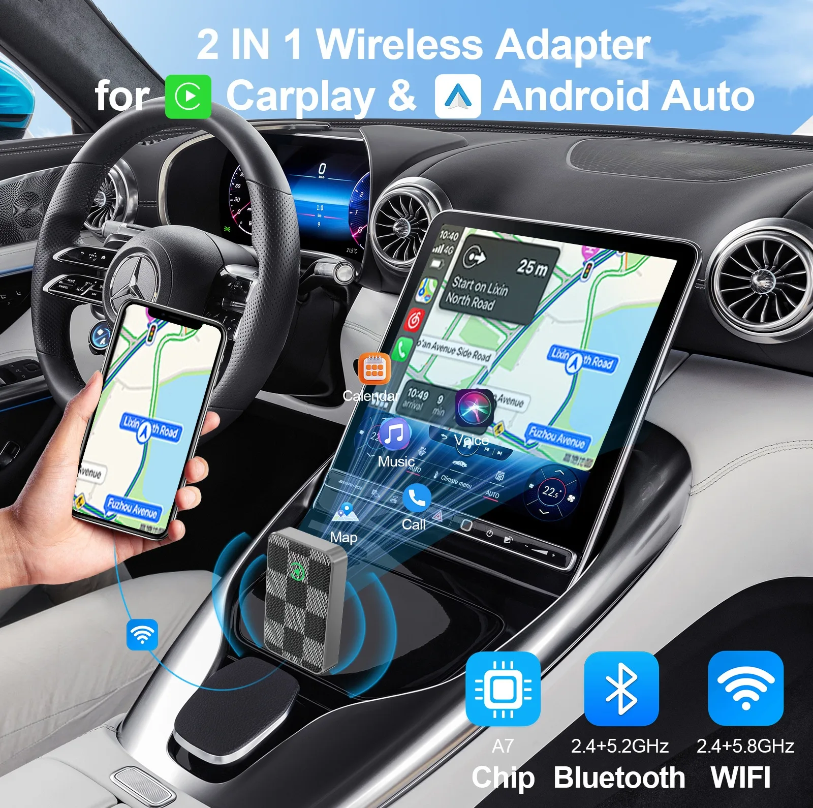 کارپلی و اندروید اتو مدل Wireless CarPlay/Android Auto به همراه مبدل USB به USB-C و کابل افزایش طول USB