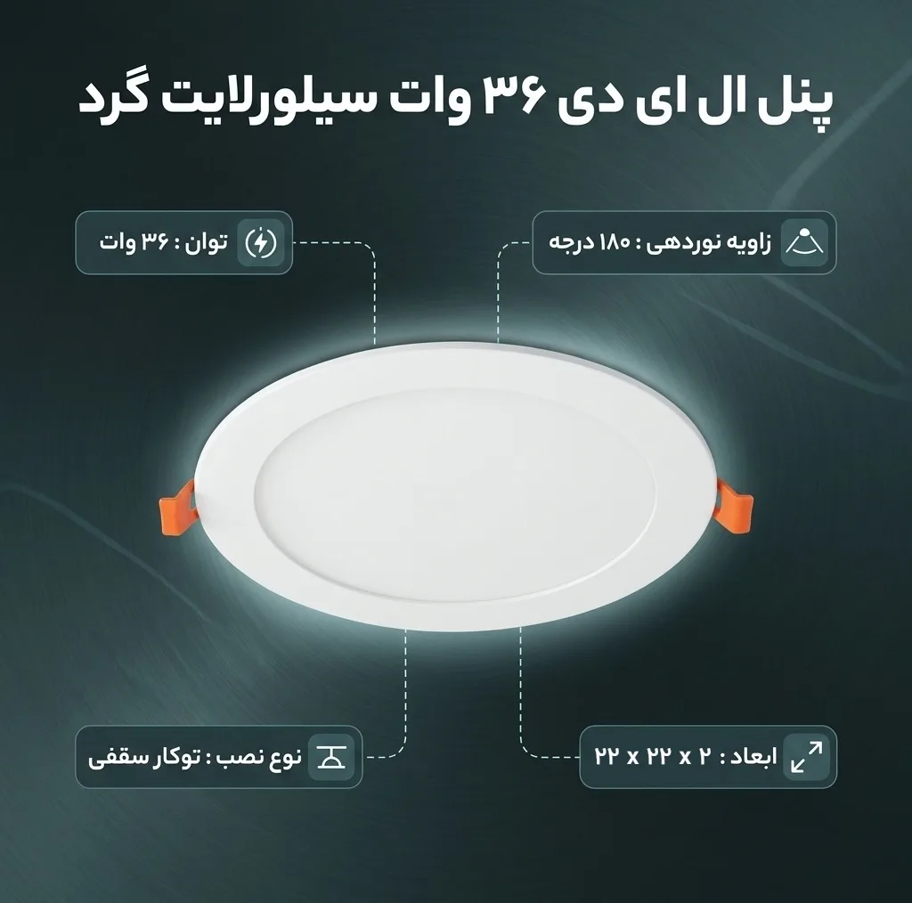 پنل ال ای دی 36 وات سیلورلایت مدل فول لایت فنر متغیر طرح توکار گرد