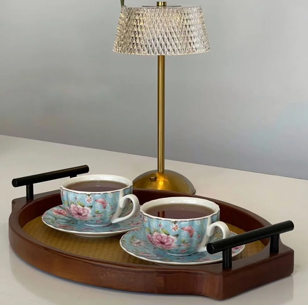 سینی دسته دار مدل حصیری کد TP069 سایز 43×34 سانتی متر مجموعه دو عددی