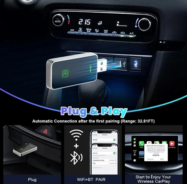 کارپلی و اندروید اتو مدل Wireless P7794 Carplay/Android Auto به همراه مبدل USB به USB-C