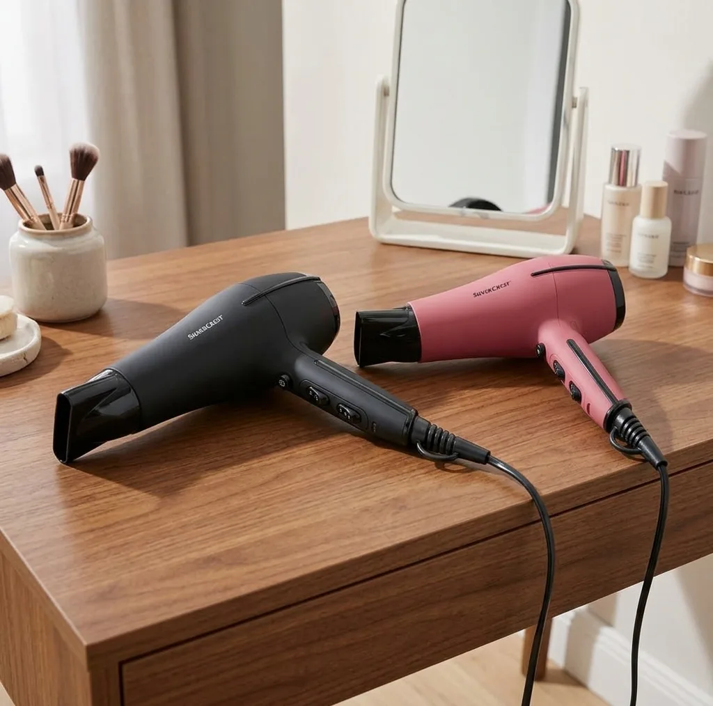سشوار خانگی سیلور کرست مدل SHTT 2200 B2، با توان 2200 وات و موتور AC، تنظیم دما و سرعت در 2 حالت، دارای 2 سری با پخش یکنواخت گرما و متمرکزکننده پهن