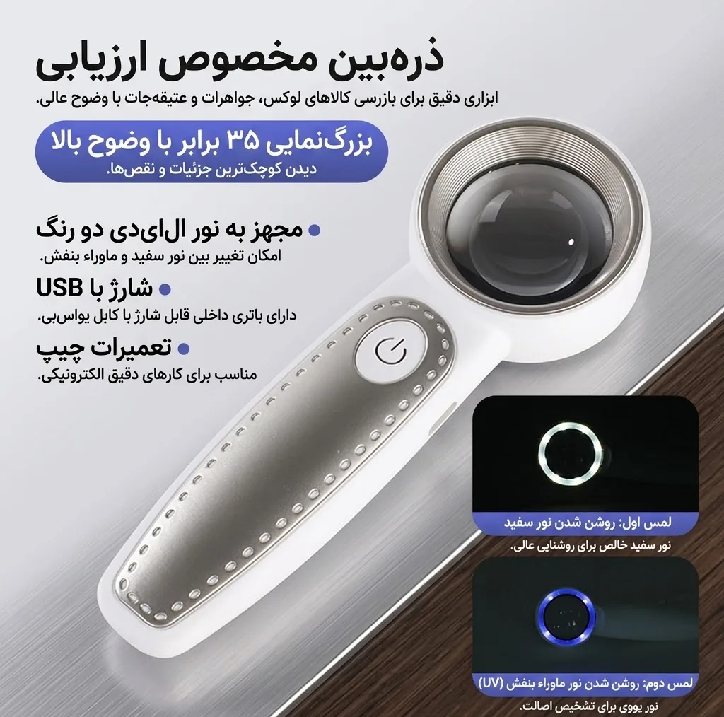 ذره بین مدل RJS3735 با بزرگنمایی ۳۵ برابری و نور کمکی LED سفید