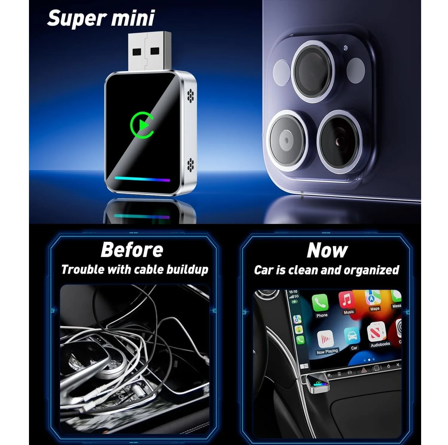 کارپلی و اندروید اتو مدل Wireless CarPlay/Android Auto Q1JS به همراه مبدل USB به USB-C